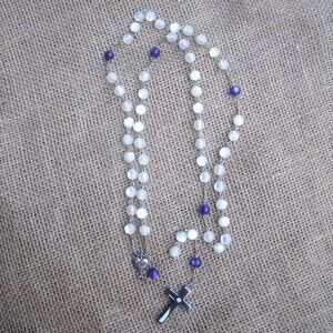 Handmade Hematite Cross Rosary Aqua Aura Beads